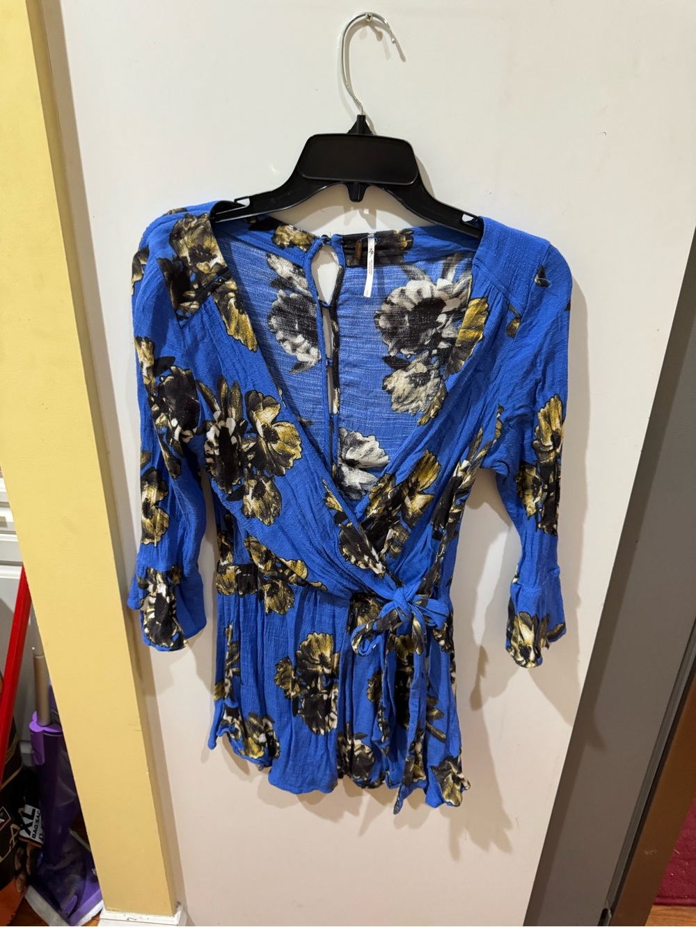 Free People Cobalt Blue Floral Wrap Top with Gold Accents